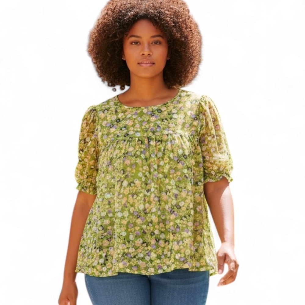 Modcloth Green Floral Short Sleeve Peasant Shirt Top Women's Plus Size 2X - Picture 10 of 10